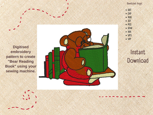 Machine Embroidery Design: Teddy Bear Reading Book - instant digital download