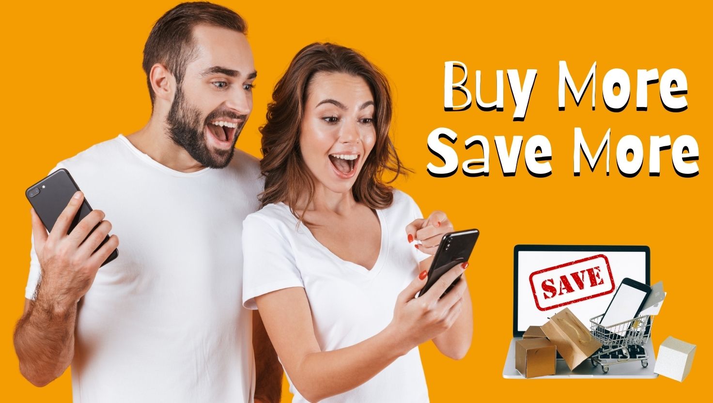 Man and woman holding smartphones with 'Buy More Save More' text on an orange background