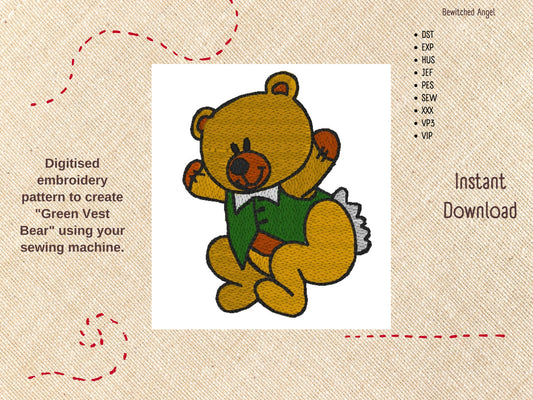 Machine Embroidery Design: Green Vest Teddy Bear - instant digital download