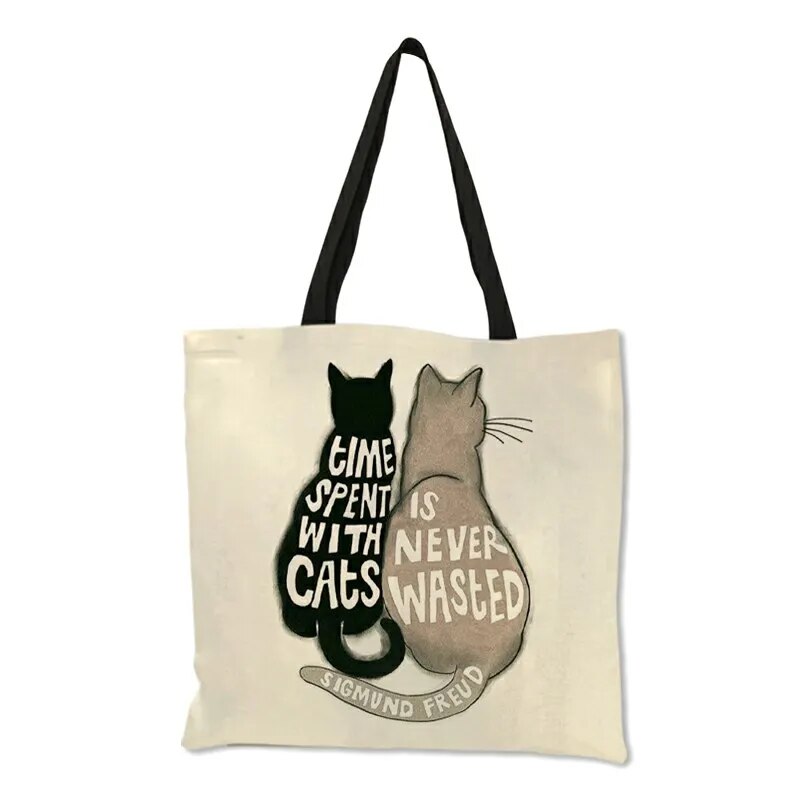 Linen Cat Print Shopping Bag