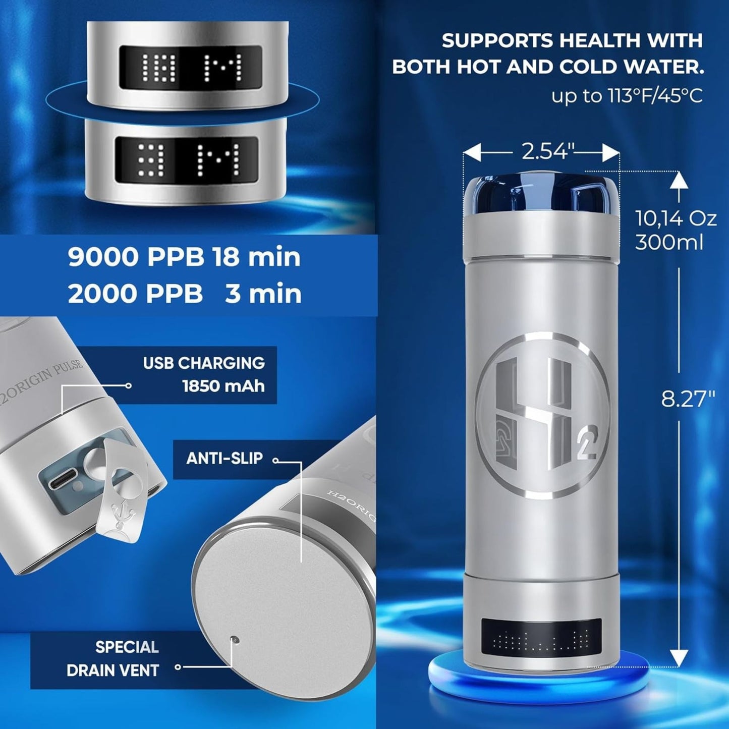 H2 High-Power Hydrogen Water Bottle Generator – 3000 ppb or 9000 ppb