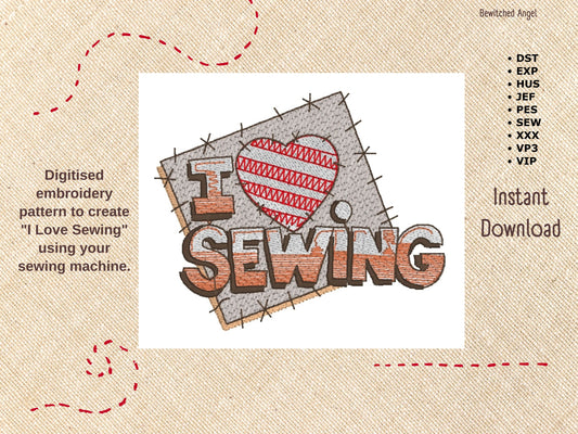 Machine Embroidery Design: I Love Sewing - instant digital download