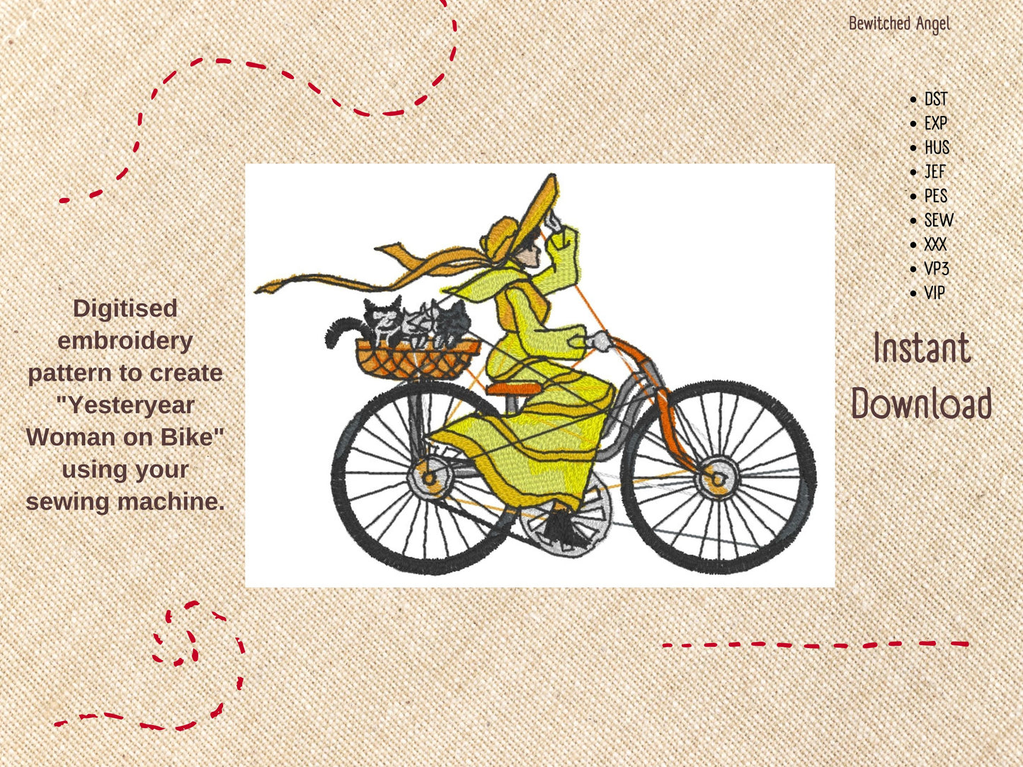 Machine Embroidery Design: Yesteryear Woman on Bike - instant digital download