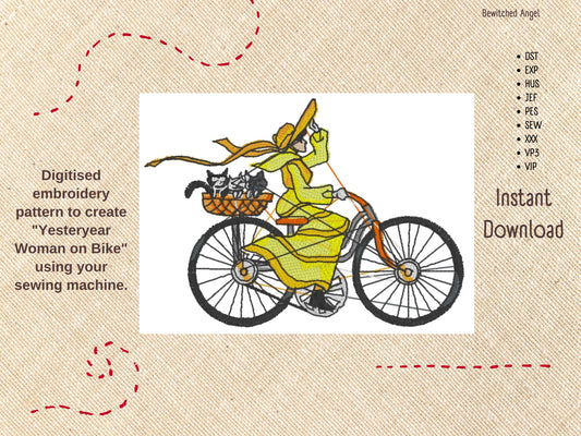 Machine Embroidery Design: Yesteryear Woman on Bike - instant digital download