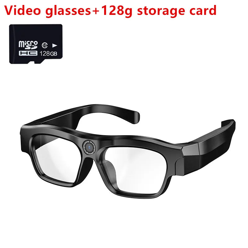 A pair of black 4K Bluetooth HD video glasses with a human eye view shooting feature, displayed on a graphic background highlighting their connectivity to a computer for easier playback operations.