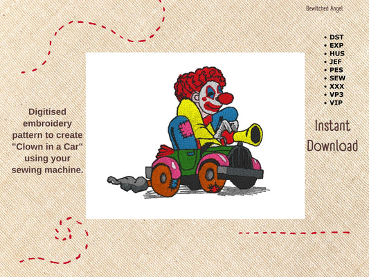 Machine Embroidery Design: Clown in a Car - instant digital download