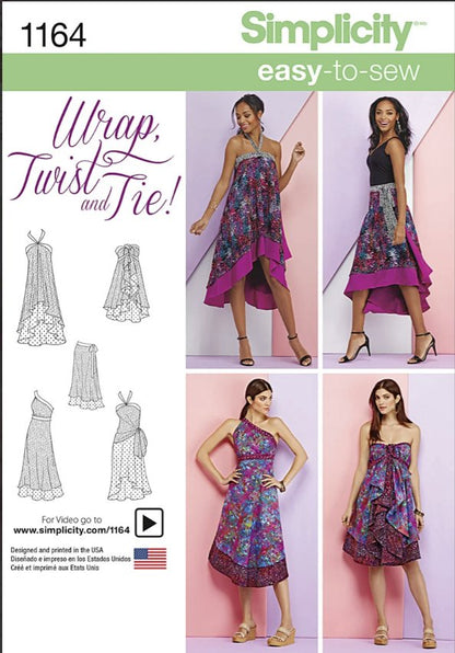 Simplicity 1164 Multi Wrap All in One Dress/Skirt Sewing Pattern- New, Uncut. Size XS-XL