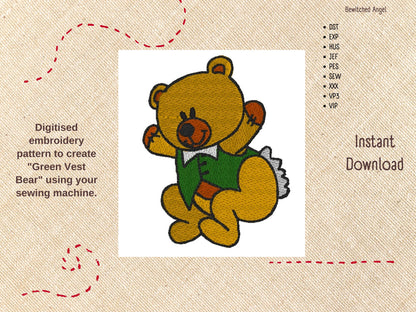 Machine Embroidery Design: Green Vest Teddy Bear - instant digital download