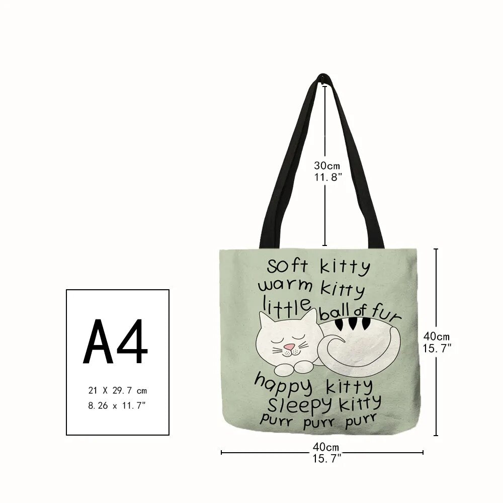 Linen Cat Print Shopping Bag