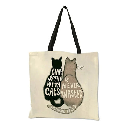 Linen Cat Print Shopping Bag