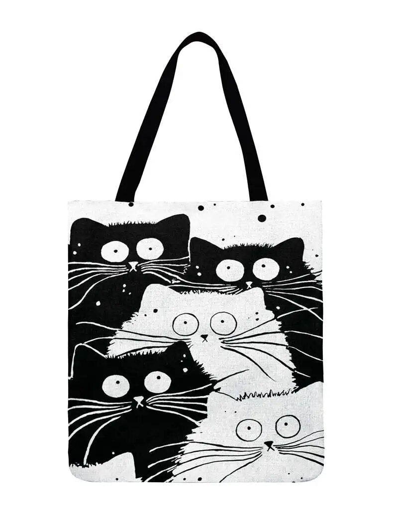 Linen Black & White Cat Print Shopping Bag