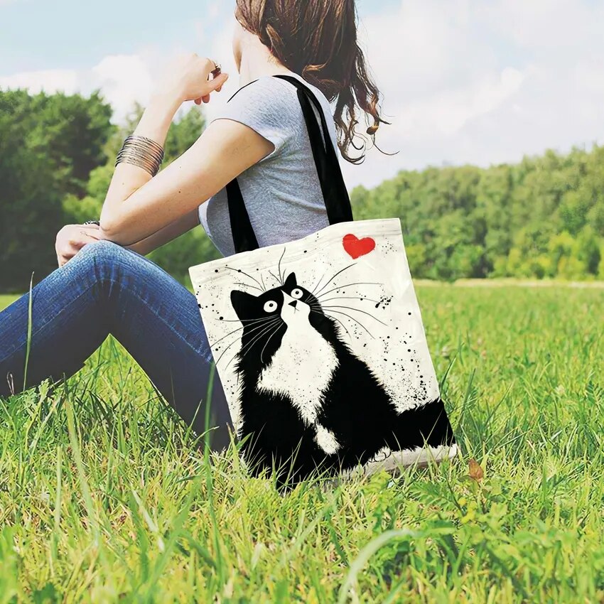 Linen Black & White Cat Print Shopping Bag