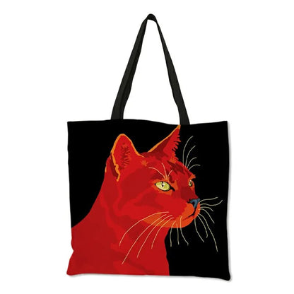 Linen Cat Print Shopping Bag