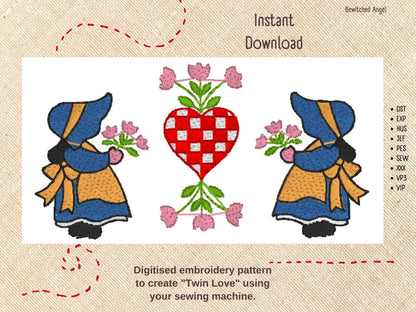 Machine Embroidery Design: Twin Love - instant digital download