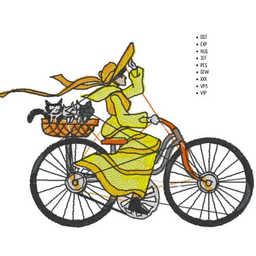 Machine Embroidery Design: Yesteryear Woman on Bike - instant digital download