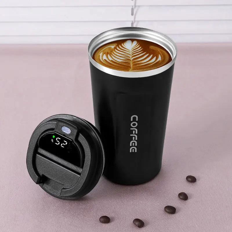 black thermal coffee cup with digital temperature display