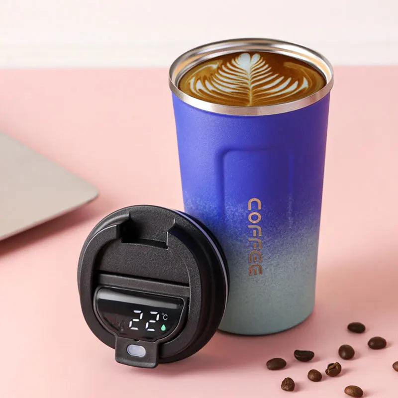 blue thermal coffee cup with digital temperature display