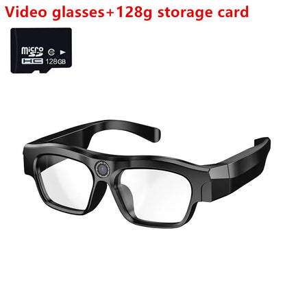 A pair of black 4K Bluetooth HD video glasses with a human eye view shooting feature, displayed on a graphic background highlighting their connectivity to a computer for easier playback operations.