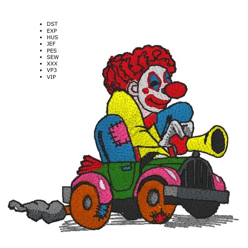 Machine Embroidery Design: Clown in a Car - instant digital download