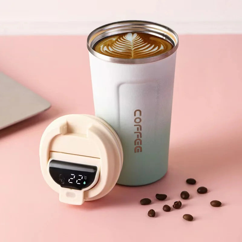 gradient white thermal coffee cup with digital temperature display