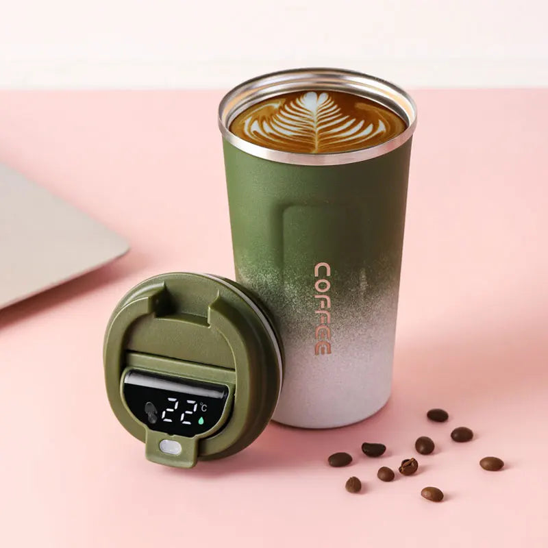 green thermal coffee cup with digital temperature display