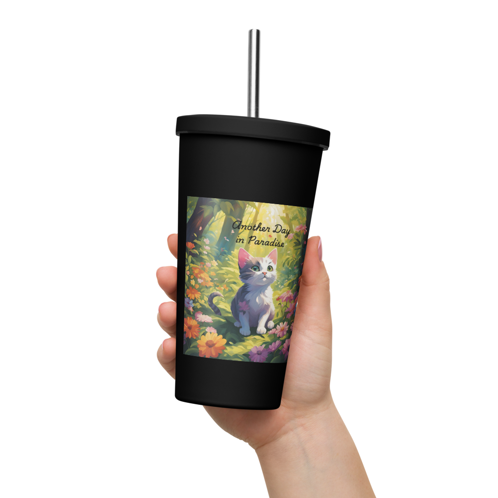 Cat Lover Insulated Tumbler with Straw - "Another Day in Paradise"