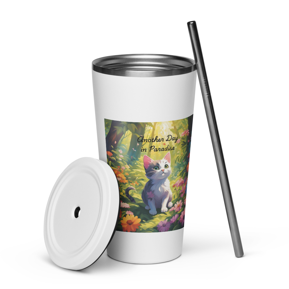 Cat Lover Insulated Tumbler with Straw - "Another Day in Paradise"