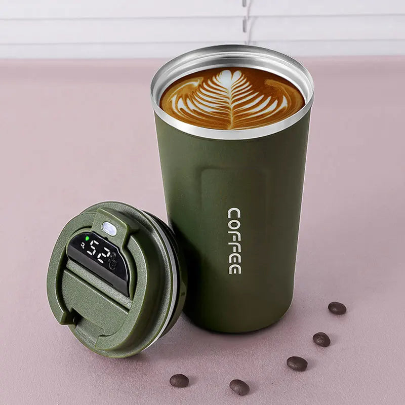 khaki thermal coffee cup with digital temperature display