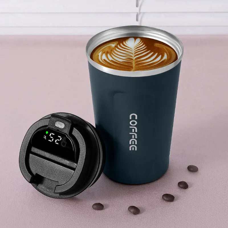 blue thermal coffee cup with digital temperature display