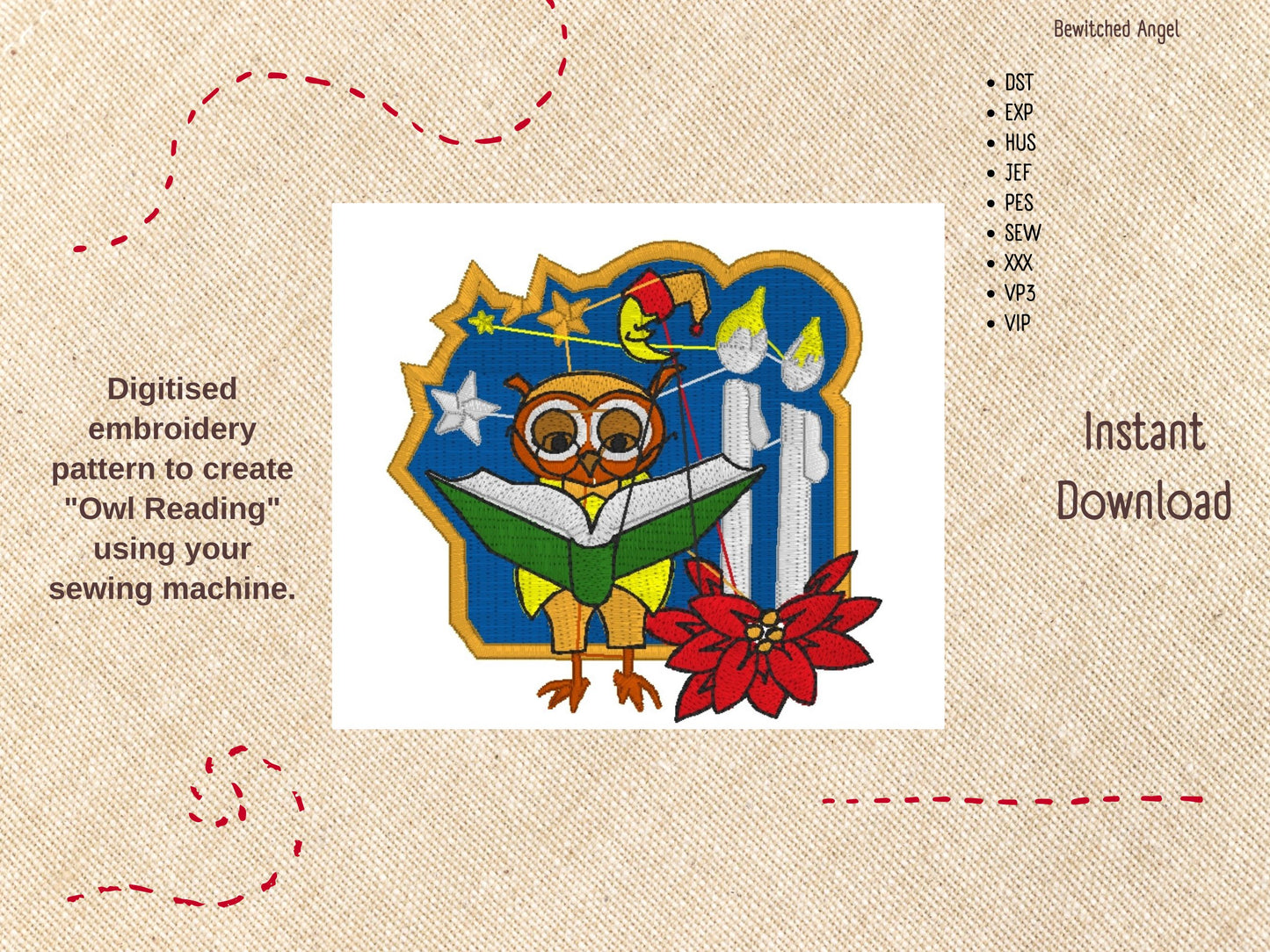 Machine Embroidery Design: Reading Owl - instant digital download