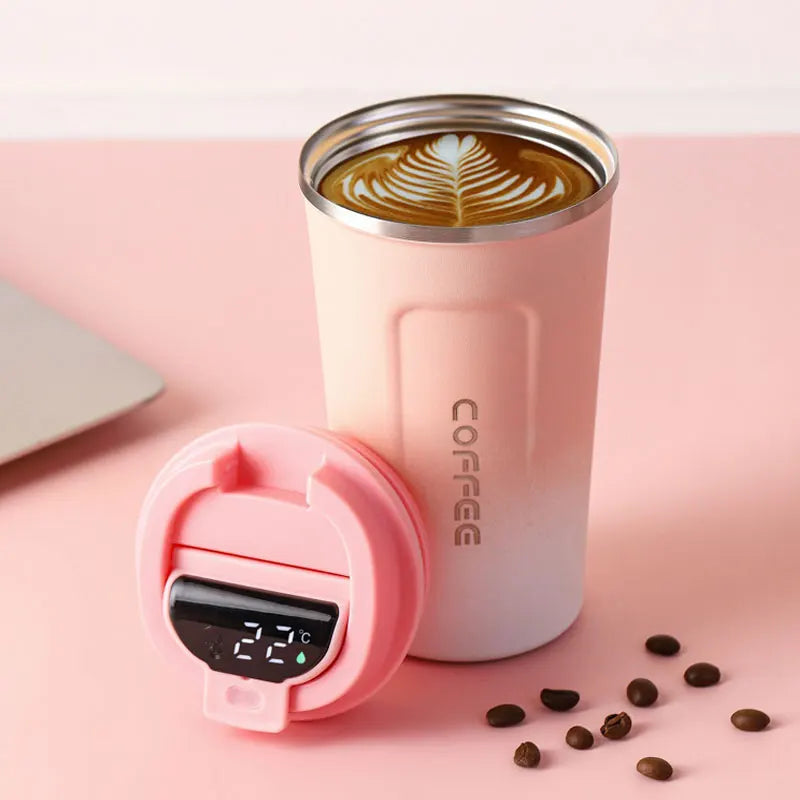 gradient pink thermal coffee cup with digital temperature display