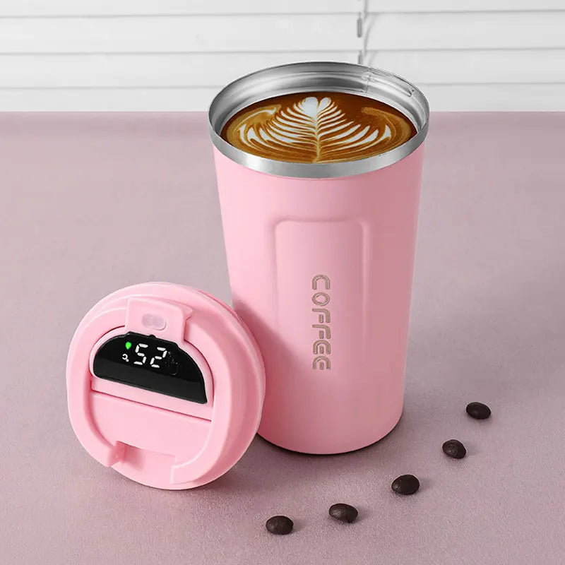 pink thermal coffee cup with digital temperature display