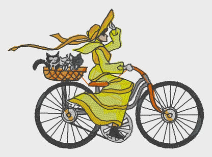 Machine Embroidery Design: Yesteryear Woman on Bike - instant digital download