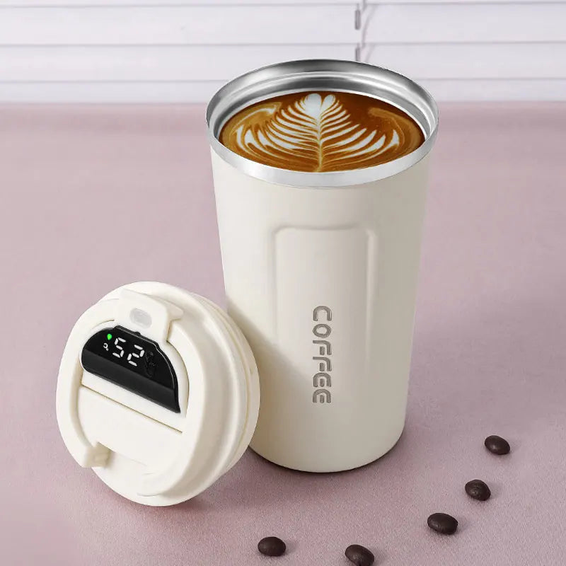 white thermal coffee cup with digital temperature display